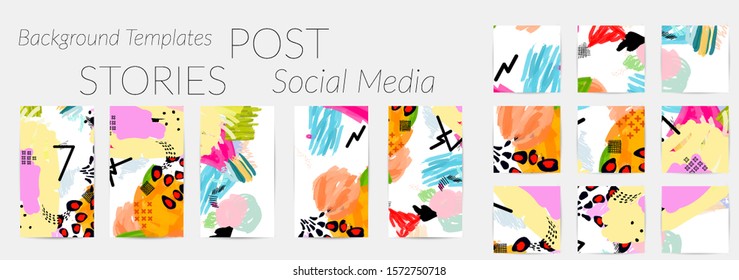 Creative backgrounds for social media. Editable story templates. Bright colored with hand drawn scribbles promotional backgrounds for social media apps.