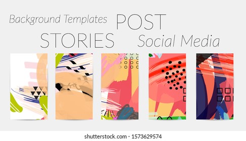 Creative backgrounds for social media. Editable story templates. Bright colored with hand drawn scribbles promotional backgrounds for social media apps.