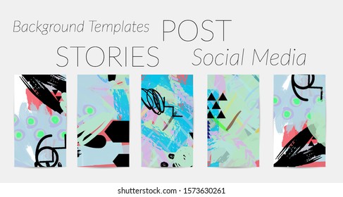 Creative backgrounds for social media. Editable story templates. Bright colored with hand drawn scribbles promotional backgrounds for social media apps.