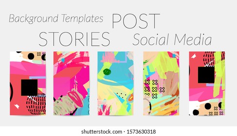 Creative backgrounds for social media. Editable story templates. Bright colored with hand drawn scribbles promotional backgrounds for social media apps.