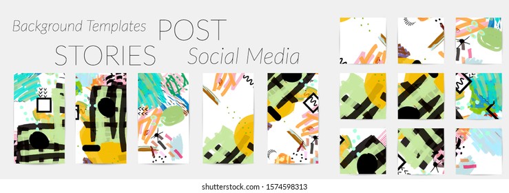 Creative backgrounds for social media. Editable story templates. Bright colored with hand drawn scribbles promotional backgrounds for social media apps.