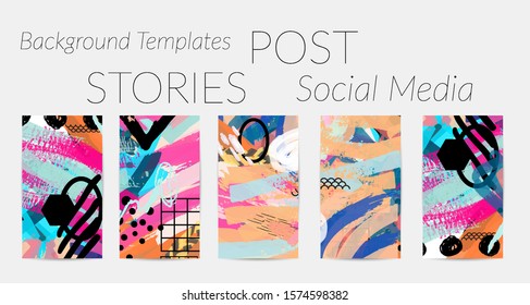 Creative backgrounds for social media. Editable story templates. Bright colored with hand drawn scribbles promotional backgrounds for social media apps.