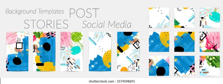 Creative backgrounds for social media. Editable story templates. Bright colored with hand drawn scribbles promotional backgrounds for social media apps.