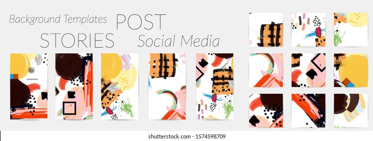 Creative backgrounds for social media. Editable story templates. Bright colored with hand drawn scribbles promotional backgrounds for social media apps.