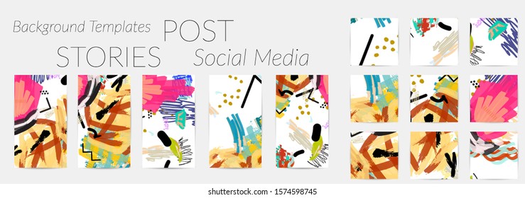 Creative backgrounds for social media. Editable story templates. Bright colored with hand drawn scribbles promotional backgrounds for social media apps.