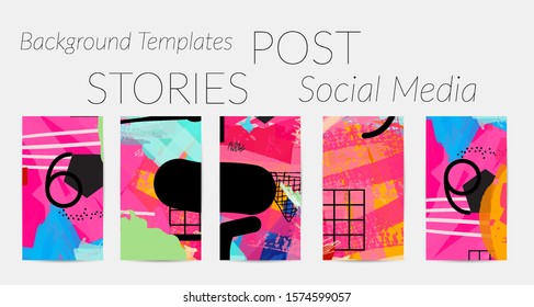 Creative backgrounds for social media. Editable story templates. Bright colored with hand drawn scribbles promotional backgrounds for social media apps.