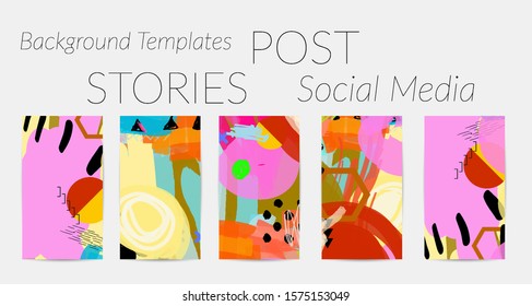 Creative backgrounds for social media. Editable story templates. Bright colored with hand drawn scribbles promotional backgrounds for social media apps.
