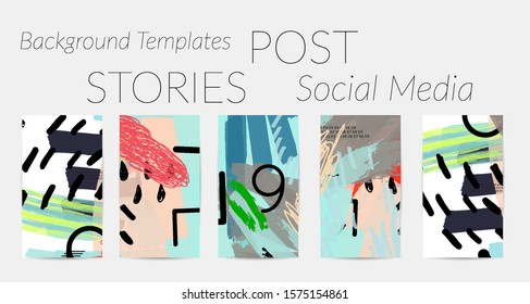 Creative backgrounds for social media. Editable story templates. Bright colored with hand drawn scribbles promotional backgrounds for social media apps.