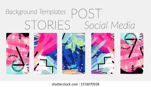 Creative backgrounds for social media. Editable story templates. Bright colored with hand drawn scribbles promotional backgrounds for social media apps.
