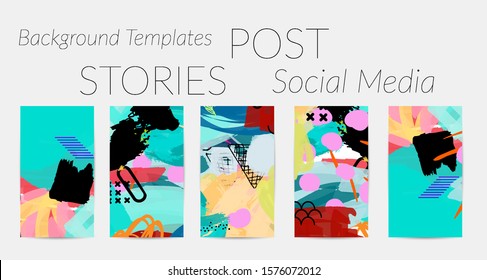 Creative backgrounds for social media. Editable story templates. Bright colored with hand drawn scribbles promotional backgrounds for social media apps.