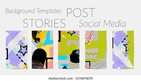 Creative backgrounds for social media. Editable story templates. Bright colored with hand drawn scribbles promotional backgrounds for social media apps.