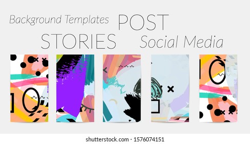 Creative backgrounds for social media. Editable story templates. Bright colored with hand drawn scribbles promotional backgrounds for social media apps.