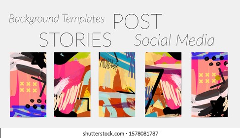Creative backgrounds for social media. Editable story templates. Bright colored with hand drawn scribbles promotional backgrounds for social media apps.
