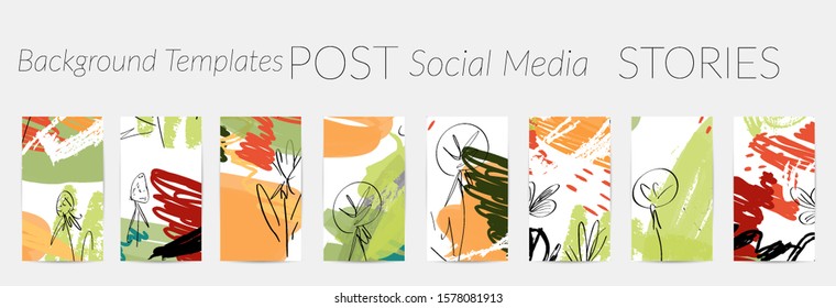 Creative backgrounds for social media. Editable story templates. Pastel colored with hand drawn scribbles promotional backgrounds for social media apps.