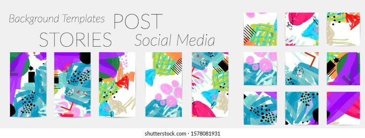 Creative backgrounds for social media. Editable story templates. Bright colored with hand drawn scribbles promotional backgrounds for social media apps.