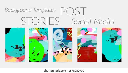 Creative backgrounds for social media. Editable story templates. Bright colored with hand drawn scribbles promotional backgrounds for social media apps.