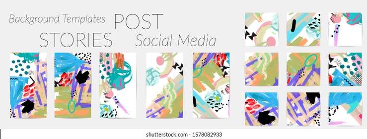 Creative backgrounds for social media. Editable story templates. Bright colored with hand drawn scribbles promotional backgrounds for social media apps.