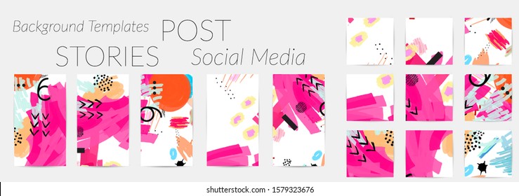 Creative backgrounds for social media. Editable story templates. Bright colored with hand drawn scribbles promotional backgrounds for social media apps.