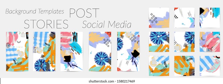 Creative backgrounds for social media. Editable story templates. Bright colored with hand drawn scribbles promotional backgrounds for social media apps.