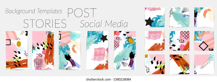 Creative backgrounds for social media. Editable story templates. Bright colored with hand drawn scribbles promotional backgrounds for social media apps.