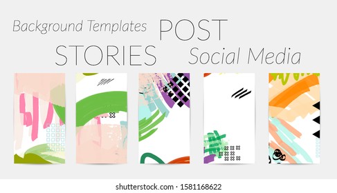 Creative backgrounds for social media. Editable story templates. Bright colored with hand drawn scribbles promotional backgrounds for social media apps.