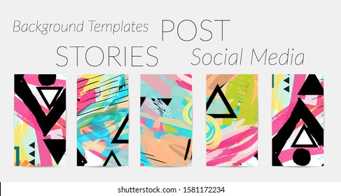 Creative backgrounds for social media. Editable story templates. Bright colored with hand drawn scribbles promotional backgrounds for social media apps.
