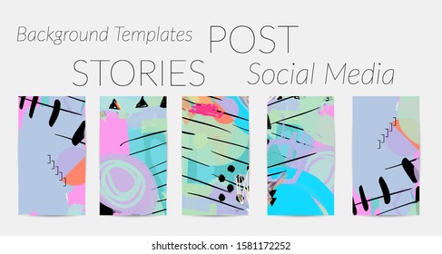 Creative backgrounds for social media. Editable story templates. Bright colored with hand drawn scribbles promotional backgrounds for social media apps.