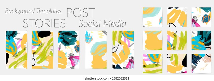 Creative backgrounds for social media. Editable story templates. Bright colored with hand drawn scribbles promotional backgrounds for social media apps.