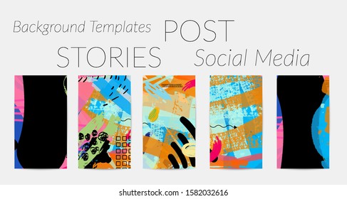 Creative backgrounds for social media. Editable story templates. Bright colored with hand drawn scribbles promotional backgrounds for social media apps.