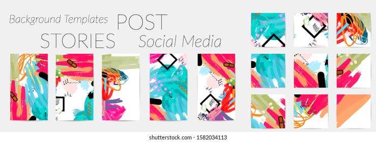 Creative backgrounds for social media. Editable story templates. Bright colored with hand drawn scribbles promotional backgrounds for social media apps.
