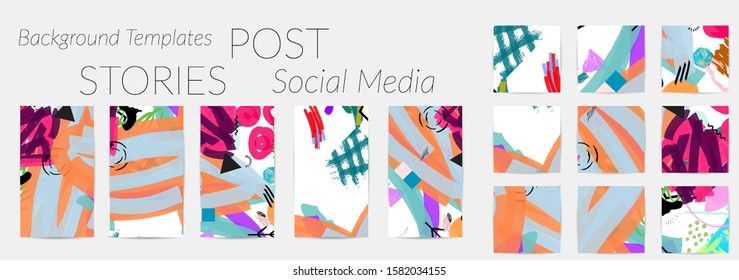 Creative backgrounds for social media. Editable story templates. Bright colored with hand drawn scribbles promotional backgrounds for social media apps.