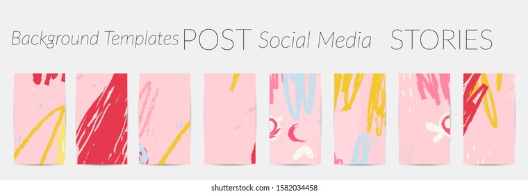 Creative backgrounds for social media. Editable story templates. Pastel colored with hand drawn scribbles promotional backgrounds for social media apps.