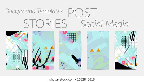 Creative backgrounds for social media. Editable story templates. Bright colored with hand drawn scribbles promotional backgrounds for social media apps.