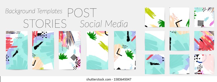 Creative backgrounds for social media. Editable story templates. Bright colored with hand drawn scribbles promotional backgrounds for social media apps.