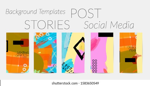 Creative backgrounds for social media. Editable story templates. Bright colored with hand drawn scribbles promotional backgrounds for social media apps.