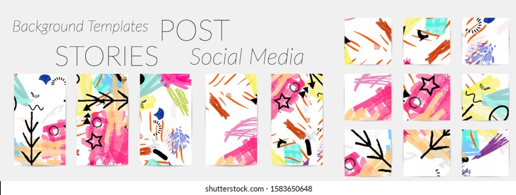 Creative backgrounds for social media. Editable story templates. Bright colored with hand drawn scribbles promotional backgrounds for social media apps.