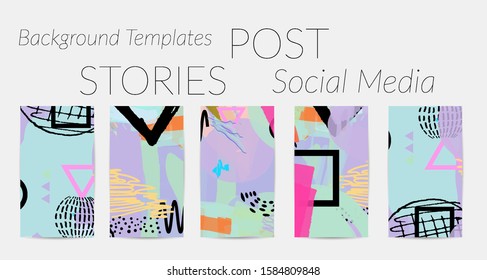 Creative backgrounds for social media. Editable story templates. Bright colored with hand drawn scribbles promotional backgrounds for social media apps.