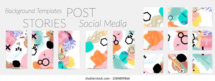 Creative backgrounds for social media. Editable story templates. Bright colored with hand drawn scribbles promotional backgrounds for social media apps.