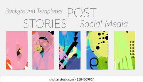 Creative backgrounds for social media. Editable story templates. Bright colored with hand drawn scribbles promotional backgrounds for social media apps.