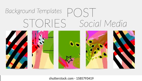 Creative backgrounds for social media. Editable story templates. Bright colored with hand drawn scribbles promotional backgrounds for social media apps.