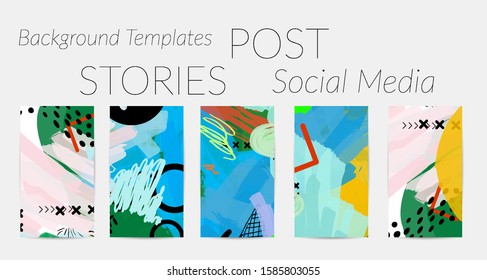 Creative backgrounds for social media. Editable story templates. Bright colored with hand drawn scribbles promotional backgrounds for social media apps.