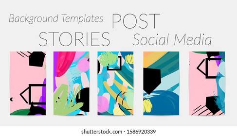 Creative backgrounds for social media. Editable story templates. Bright colored with hand drawn scribbles promotional backgrounds for social media apps.