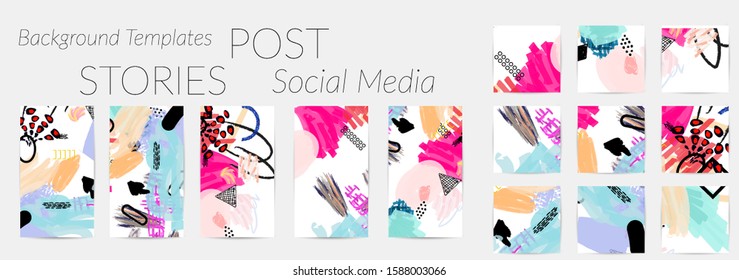 Creative backgrounds for social media. Editable story templates. Bright colored with hand drawn scribbles promotional backgrounds for social media apps.