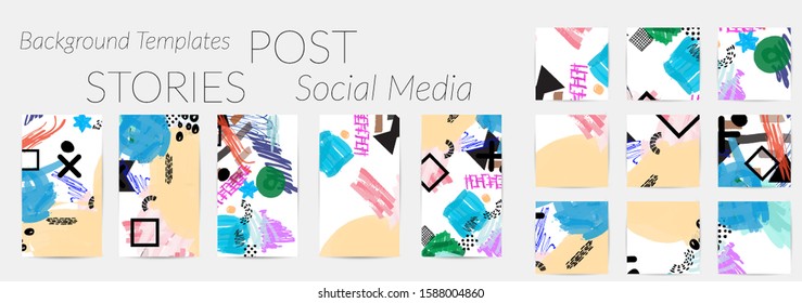 Creative backgrounds for social media. Editable story templates. Bright colored with hand drawn scribbles promotional backgrounds for social media apps.