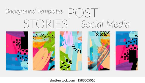 Creative backgrounds for social media. Editable story templates. Bright colored with hand drawn scribbles promotional backgrounds for social media apps.