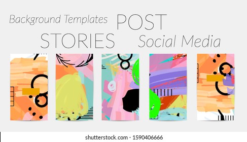Creative backgrounds for social media. Editable story templates. Bright colored with hand drawn scribbles promotional backgrounds for social media apps.