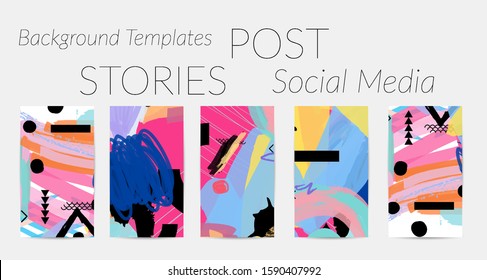 Creative backgrounds for social media. Editable story templates. Bright colored with hand drawn scribbles promotional backgrounds for social media apps.
