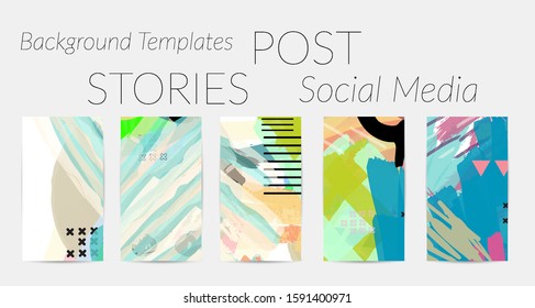 Creative backgrounds for social media. Editable story templates. Bright colored with hand drawn scribbles promotional backgrounds for social media apps.
