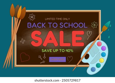 Creative back-to-school sale banner featuring a chalkboard, paintbrushes, and a color palette. Ideal for art supply promotions.