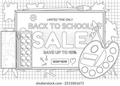 Creative back-to-school sale coloring page with art supplies and paint splatters, perfect for kids and students to color.